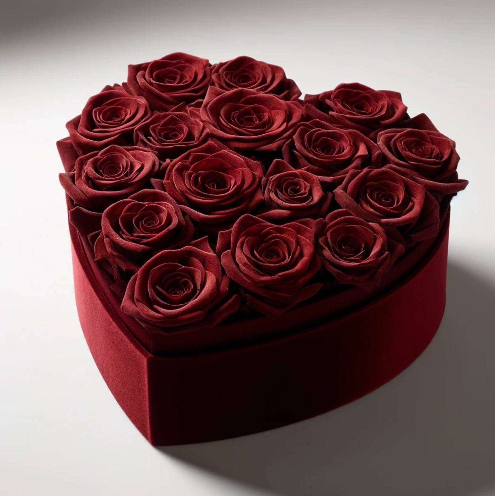 Burgundy Roses in Heart-Shaped Velvet Box - Imaginary Worlds