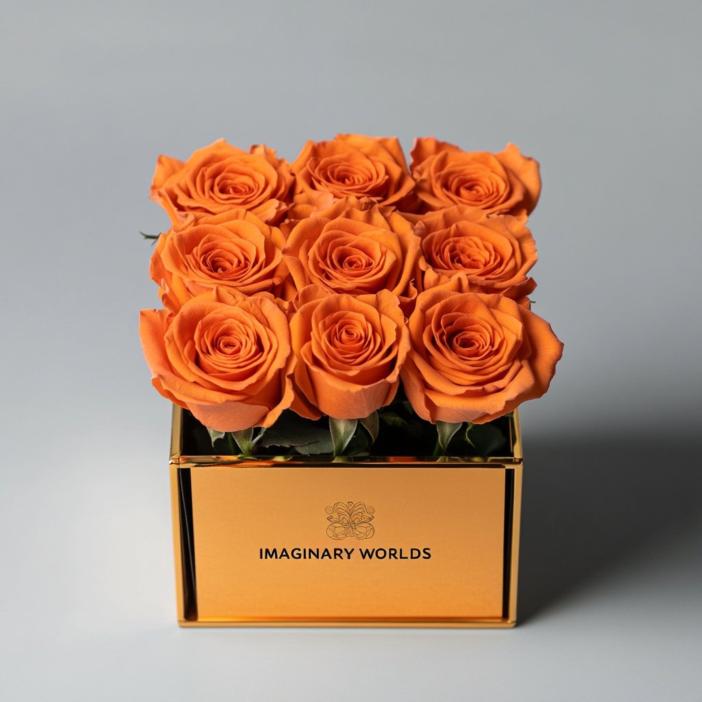 Customized Orange Infinity Roses Box with Photo - Gold Box - Imaginary Worlds