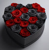 Black and Red Roses in Heart-Shaped Black Velvet Box - Imaginary Worlds