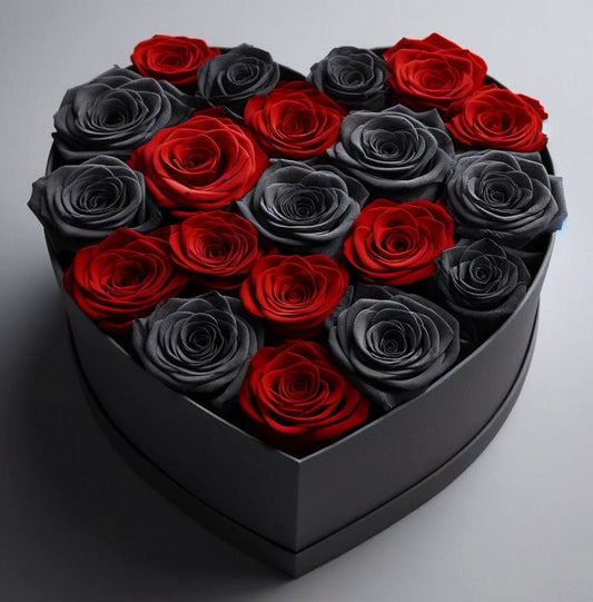 Black and Red Roses in Heart-Shaped Black Velvet Box - Imaginary Worlds