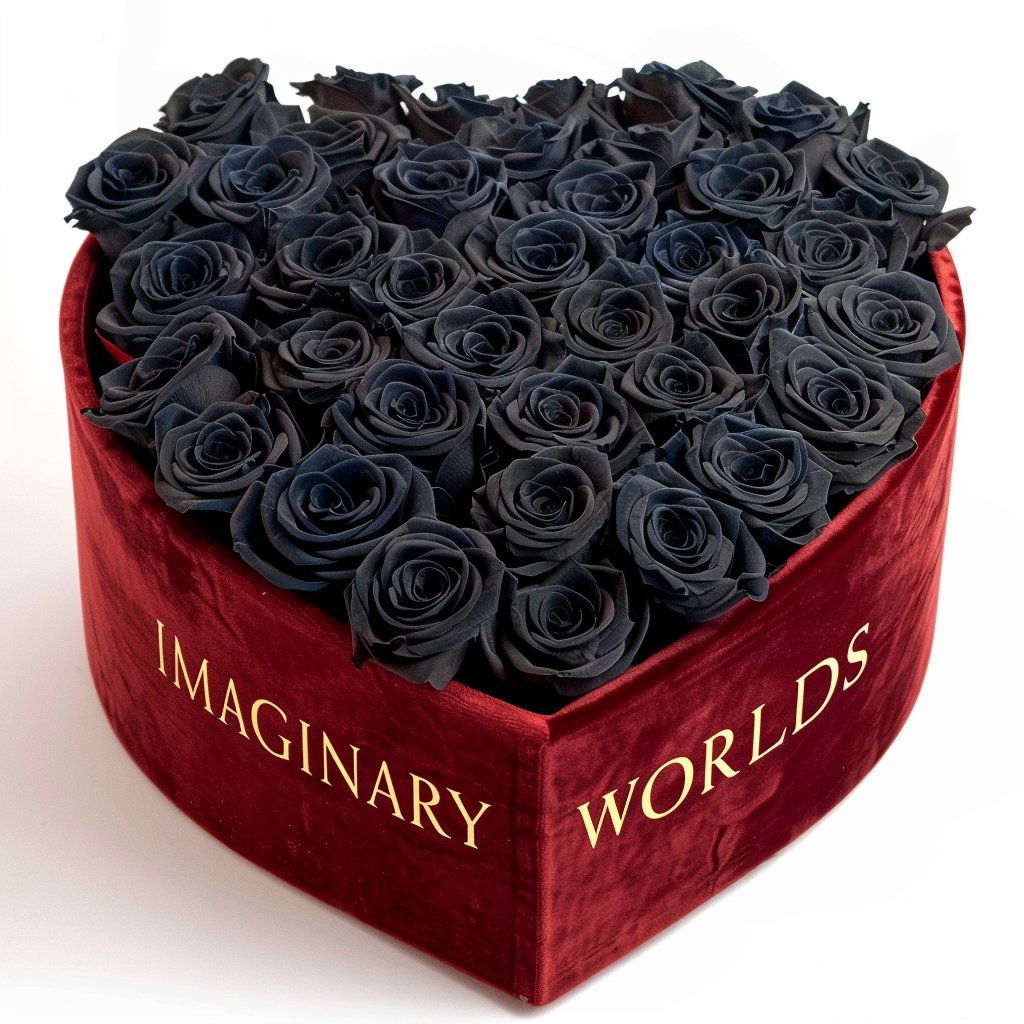 Black Forever Roses in Heart - Shaped Velvet Box - Imaginary Worlds