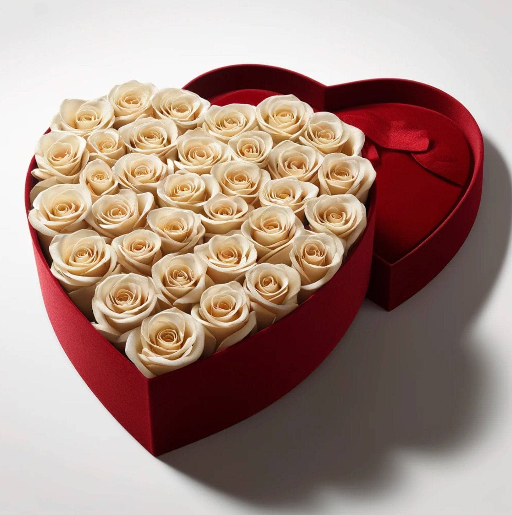 Champagne Forever Roses in Heart-Shaped Velvet Box - Imaginary Worlds