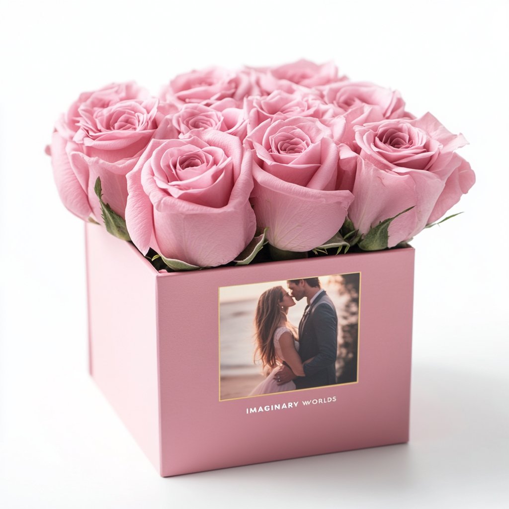 Customized Blue Infinity Roses Box with Photo - Pink Box - Imaginary Worlds