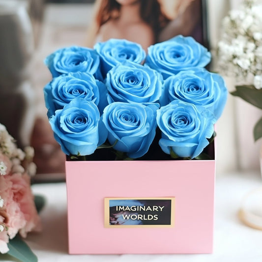 Customized Blue Infinity Roses Box with Photo - Pink Box - Imaginary Worlds