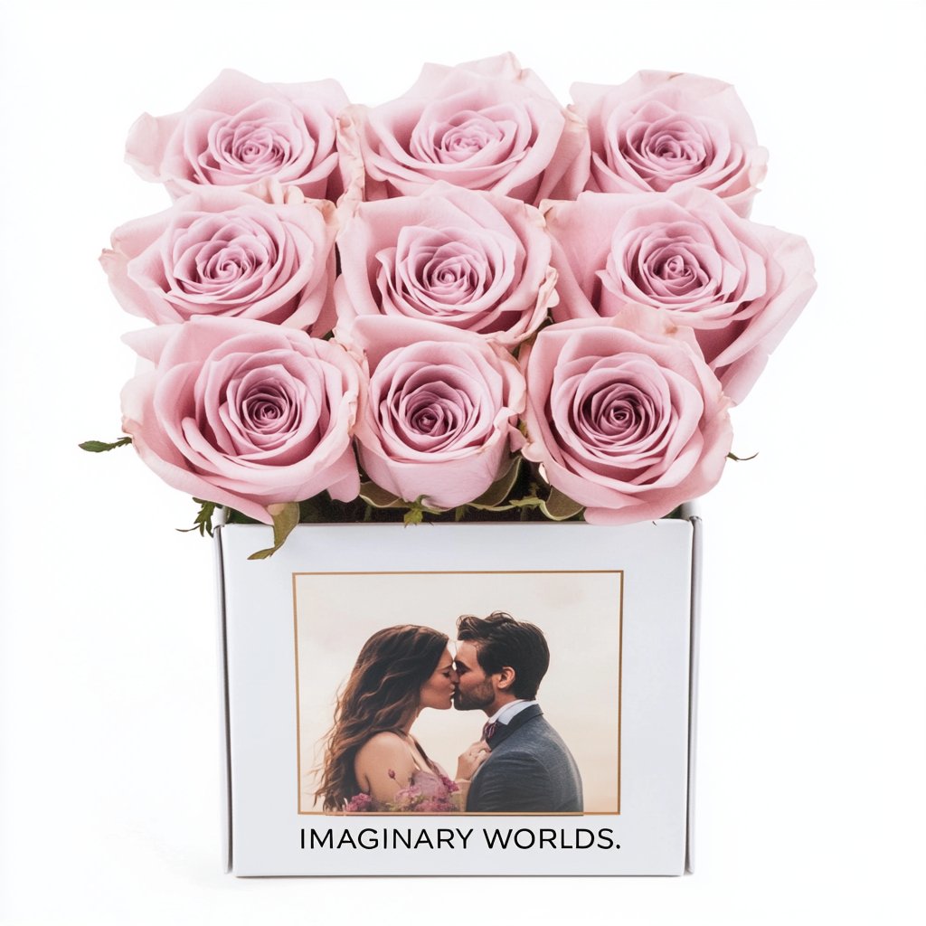 Customized Blue Infinity Roses Box with Photo - White Box - Imaginary Worlds