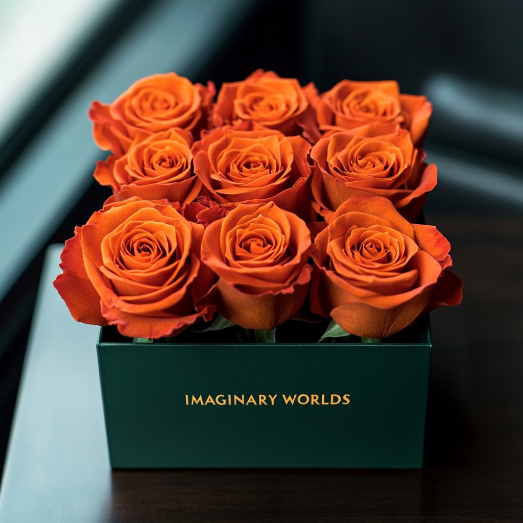 Customized Orange Infinity Roses Box with Photo - Green Box - Imaginary Worlds