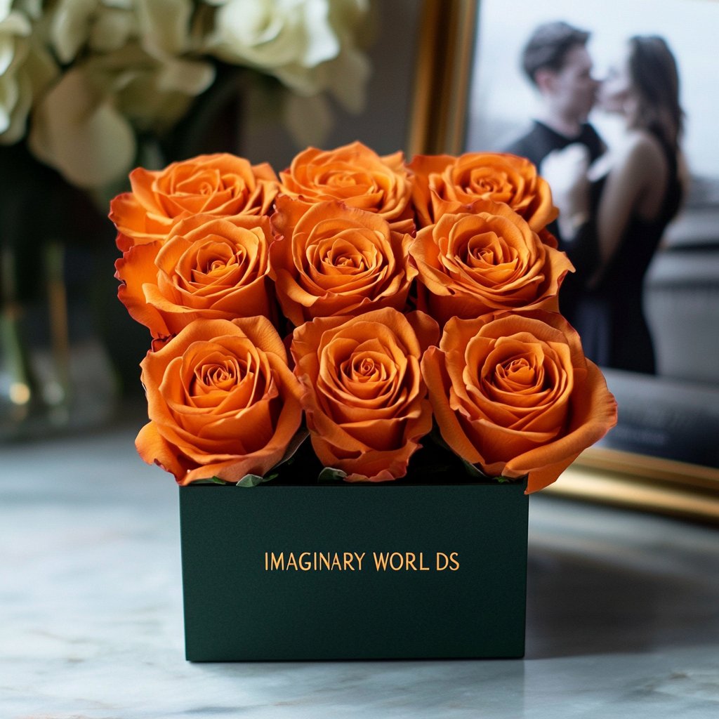 Customized Orange Infinity Roses Box with Photo - Green Box - Imaginary Worlds