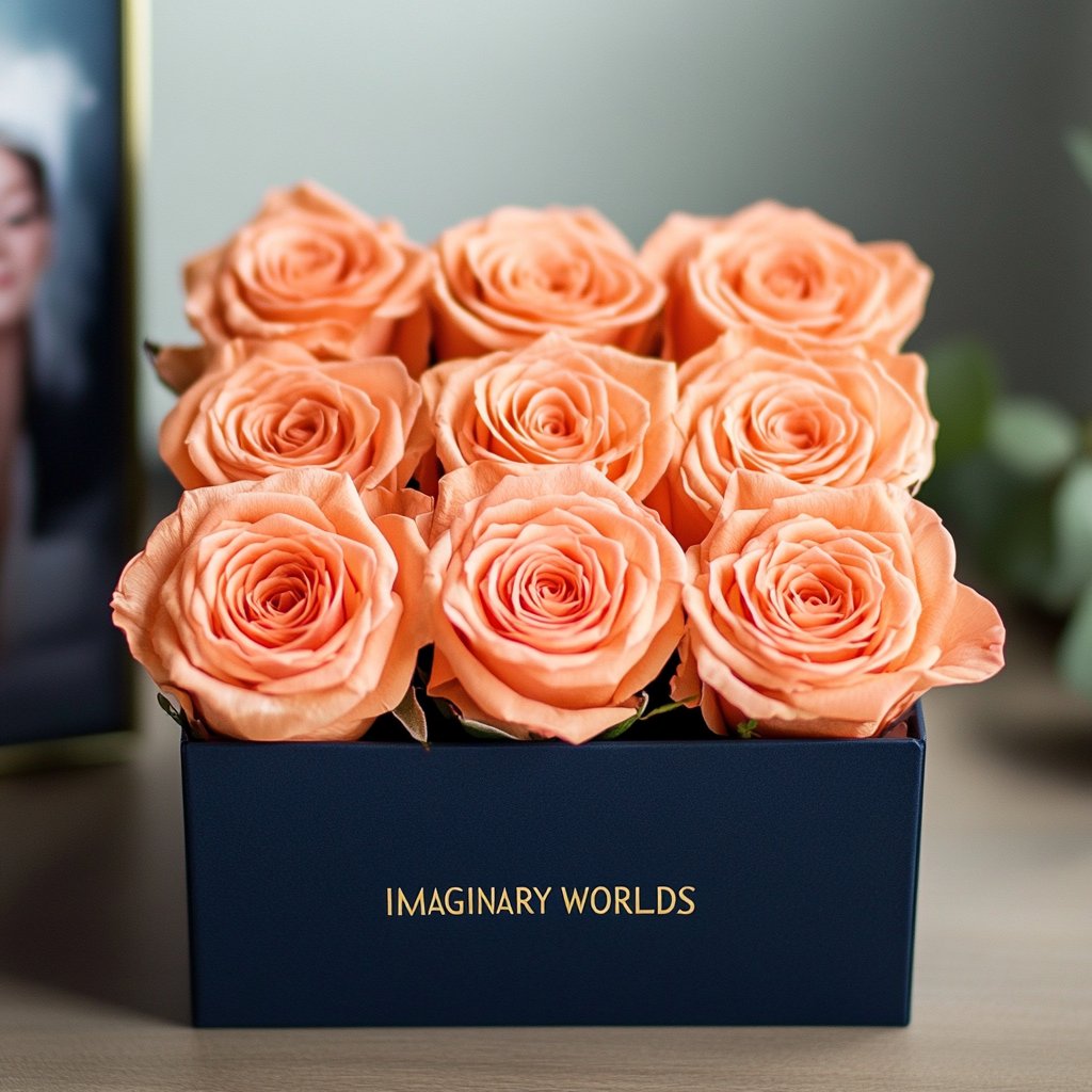 Customized Orange Infinity Roses Box with Photo - Navy Blue Box - Imaginary Worlds