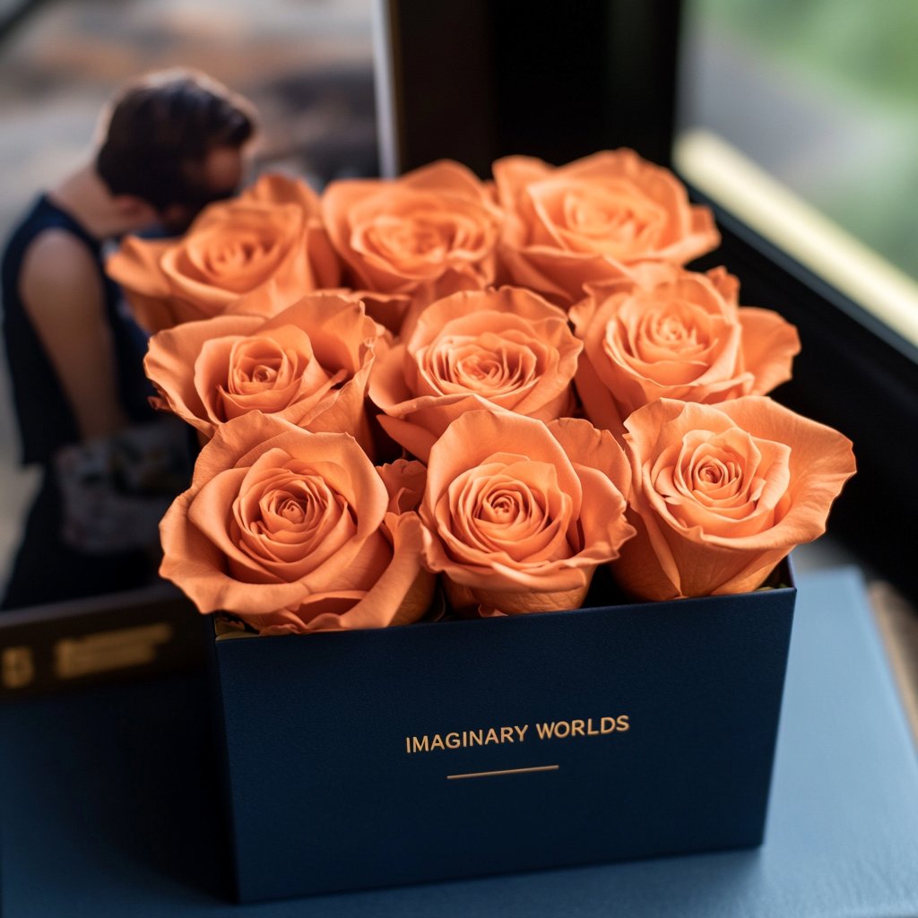 Customized Orange Infinity Roses Box with Photo - Navy Blue Box - Imaginary Worlds