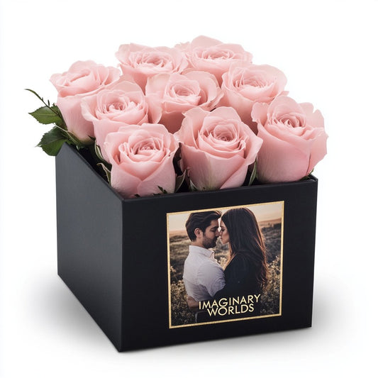 Customized Pink Infinity Roses Box with Photo - Black Box - Imaginary Worlds