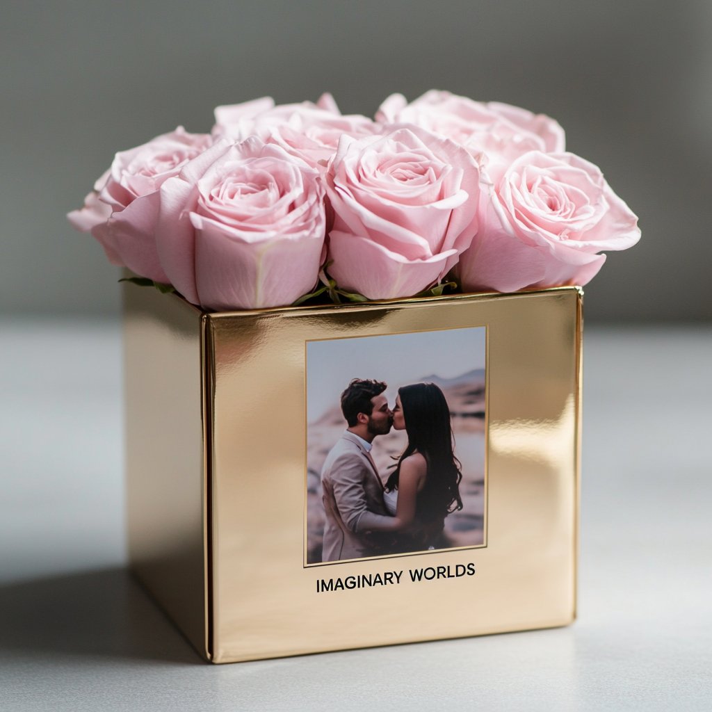 Customized Pink Infinity Roses Box with Photo - Gold Box - Imaginary Worlds