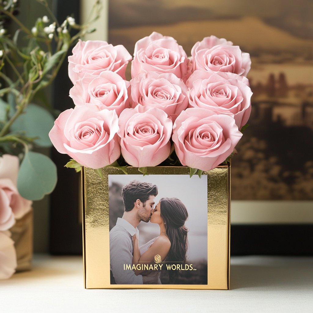 Customized Pink Infinity Roses Box with Photo - Gold Box - Imaginary Worlds