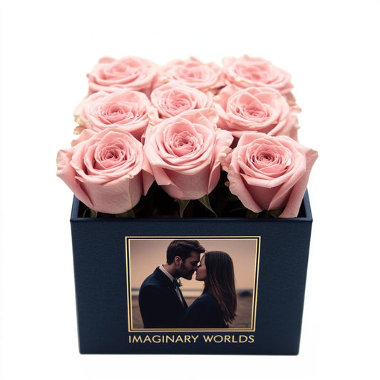 Customized Pink Infinity Roses Box with Photo - Navy Blue Box - Imaginary Worlds