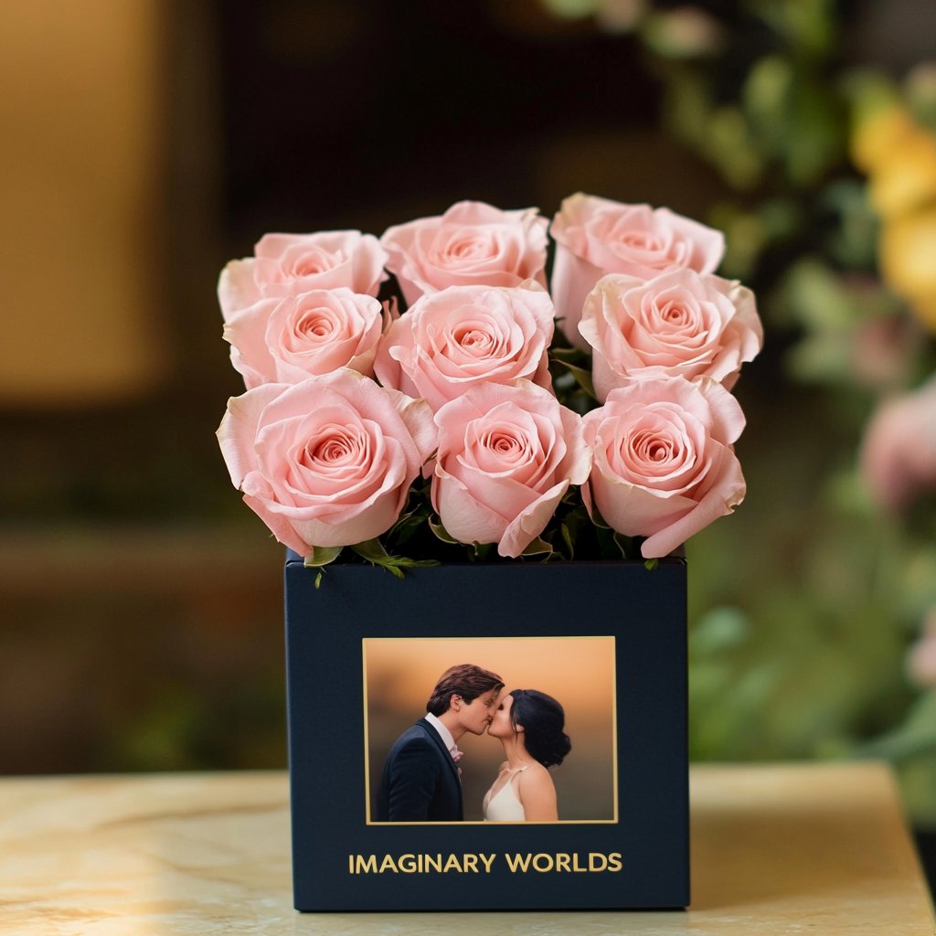 Customized Pink Infinity Roses Box with Photo - Navy Blue Box - Imaginary Worlds