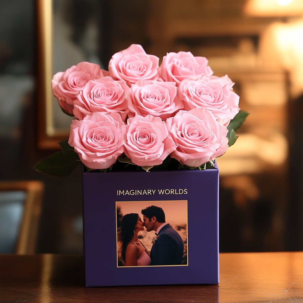 Customized Pink Infinity Roses Box with Photo - Royal Purple Box - Imaginary Worlds