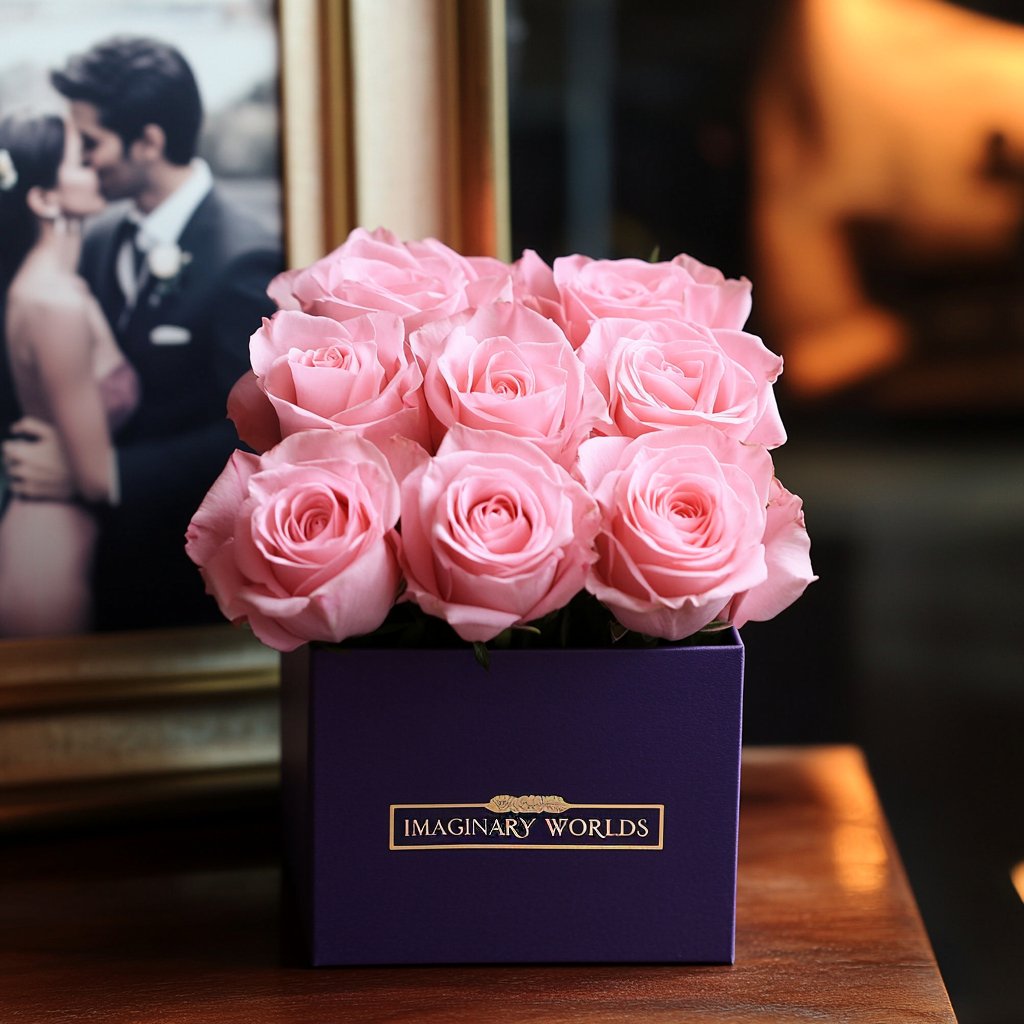 Customized Pink Infinity Roses Box with Photo - Royal Purple Box - Imaginary Worlds