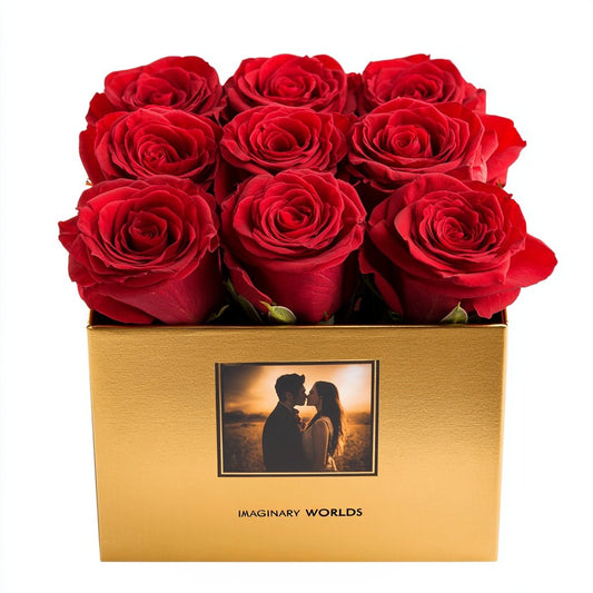 Customized Red Infinity Roses Box with Photo - Gold Box - Imaginary Worlds