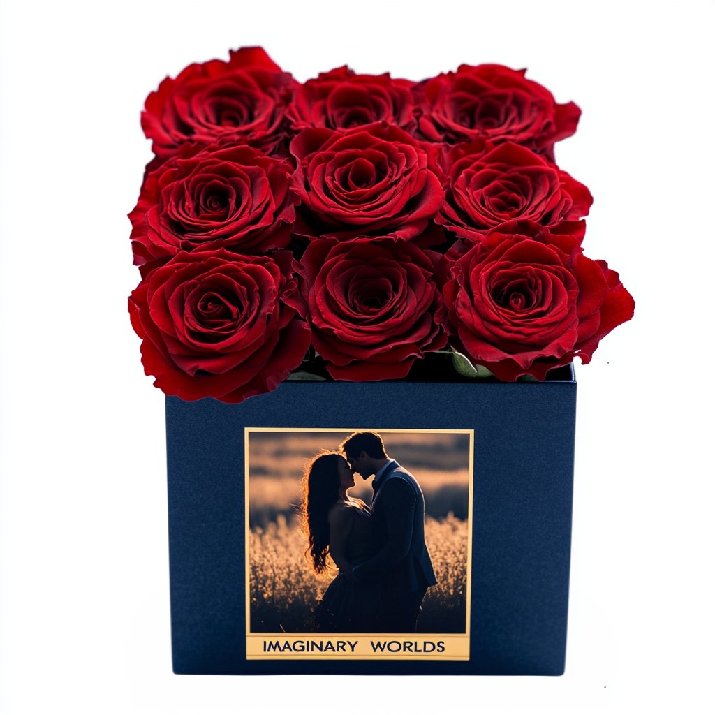 Customized Red Infinity Roses Box with Photo - Navy Blue Box - Imaginary Worlds