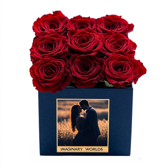 Customized Red Infinity Roses Box with Photo - Navy Blue Box - Imaginary Worlds