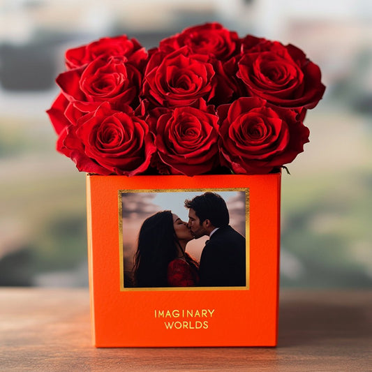 Customized Red Infinity Roses Box with Photo - Orange Box - Imaginary Worlds