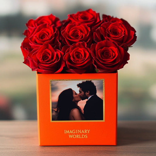 Customized Red Infinity Roses Box with Photo - Orange Box - Imaginary Worlds