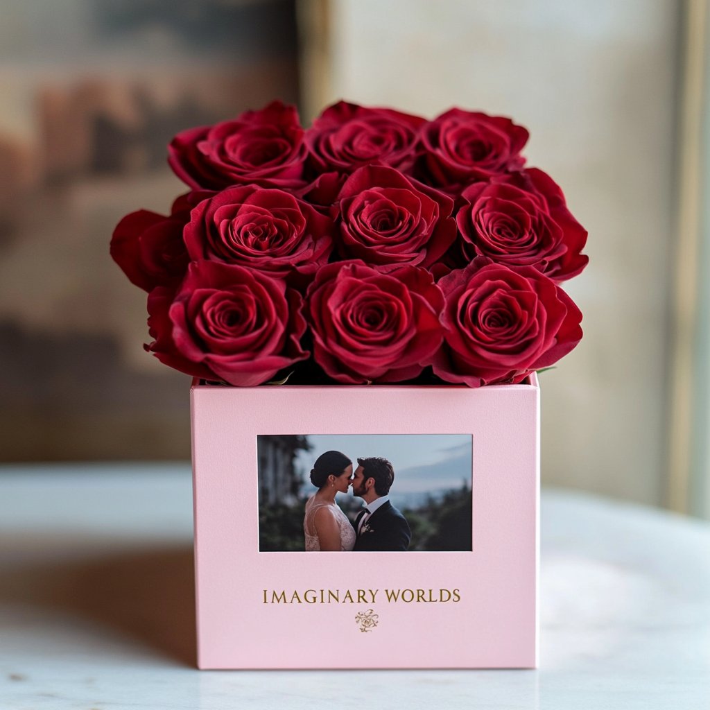 Customized Red Infinity Roses Box with Photo - Pink Box - Imaginary Worlds