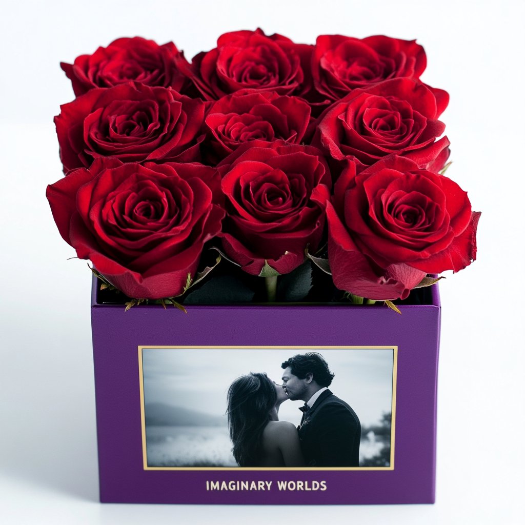 Customized Red Infinity Roses Box with Photo - Royal Purple Box - Imaginary Worlds