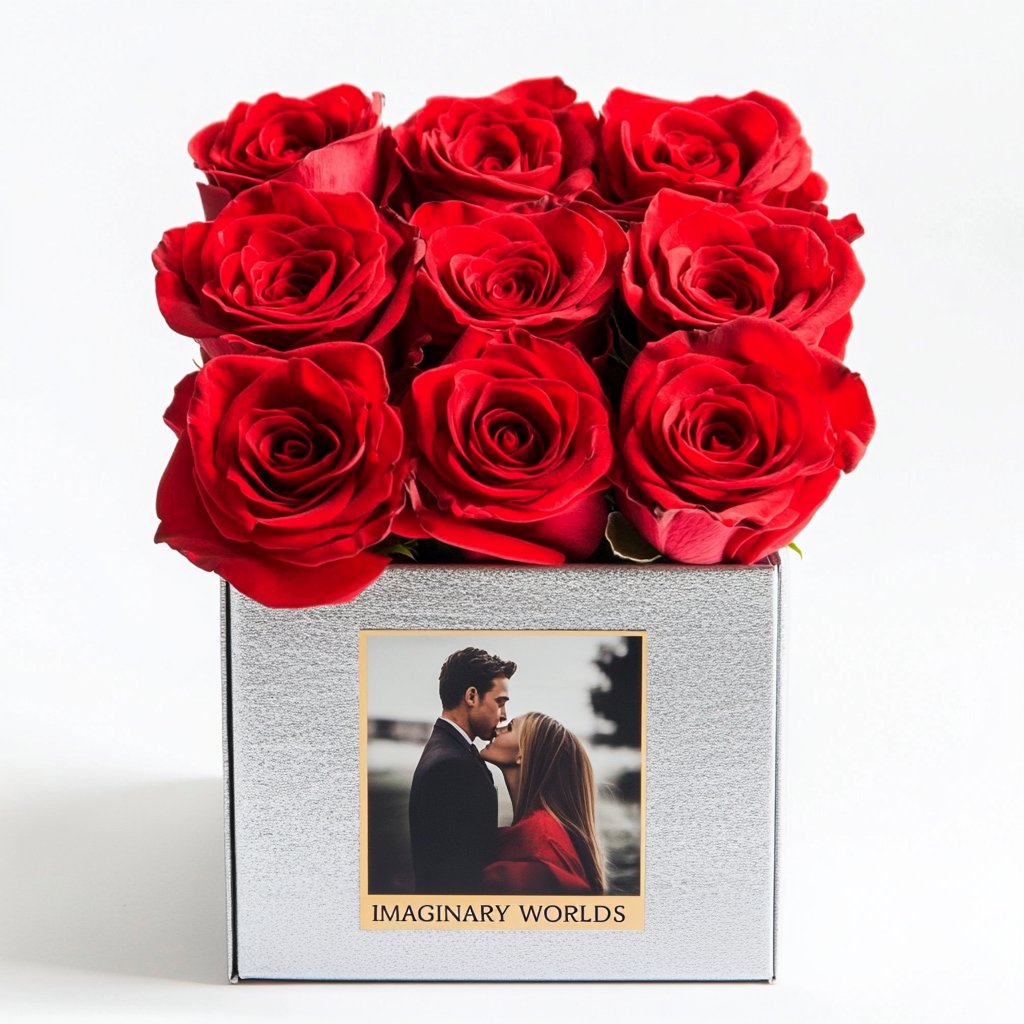 Customized Red Infinity Roses Box with Photo - Silver Box - Imaginary Worlds