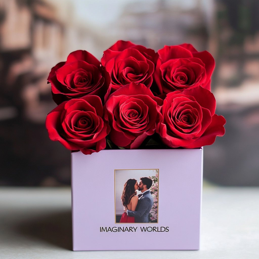 Customized Red Infinity Roses Box with Photo - White Box - Imaginary Worlds