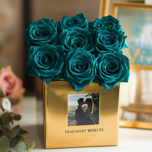 Customized Teal Infinity Roses Box with Photo - Gold Box - Imaginary Worlds