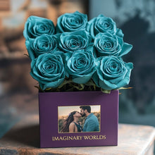 Customized Teal Infinity Roses Box with Photo - Royal Purple Box - Imaginary Worlds
