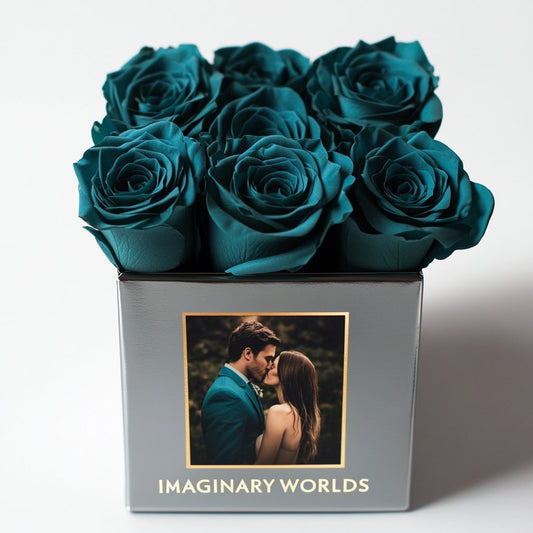 Customized Teal Infinity Roses Box with Photo - Silver Box - Imaginary Worlds