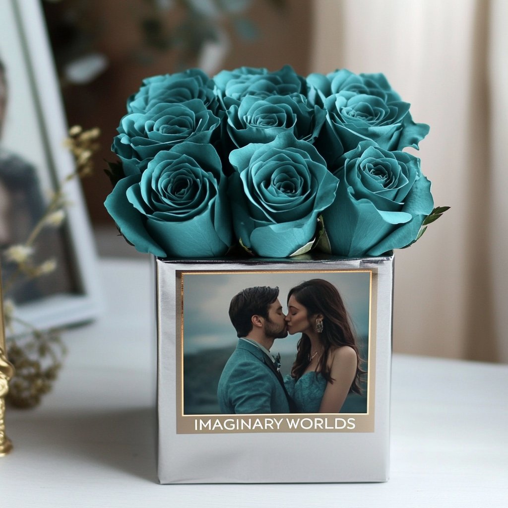 Customized Teal Infinity Roses Box with Photo - Silver Box - Imaginary Worlds