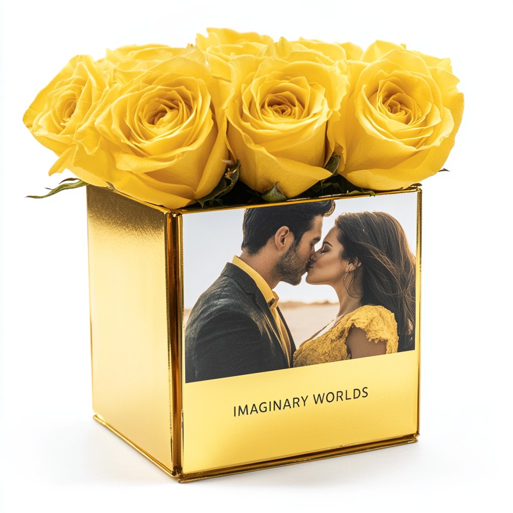 Customized Yellow Infinity Roses Box with Photo - Gold Box - Imaginary Worlds