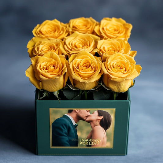 Customized Yellow Infinity Roses Box with Photo - Green Box - Imaginary Worlds