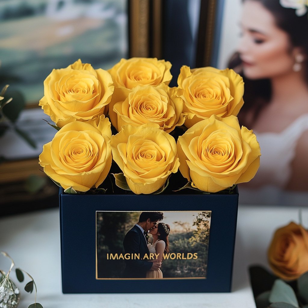 Customized Yellow Infinity Roses Box with Photo - Navy Blue Box - Imaginary Worlds