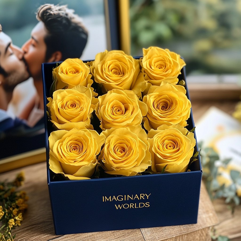 Customized Yellow Infinity Roses Box with Photo - Navy Blue Box - Imaginary Worlds