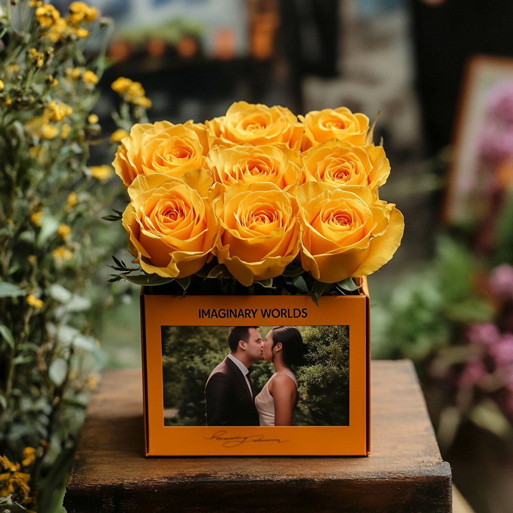 Customized Yellow Infinity Roses Box with Photo - Orange Box - Imaginary Worlds