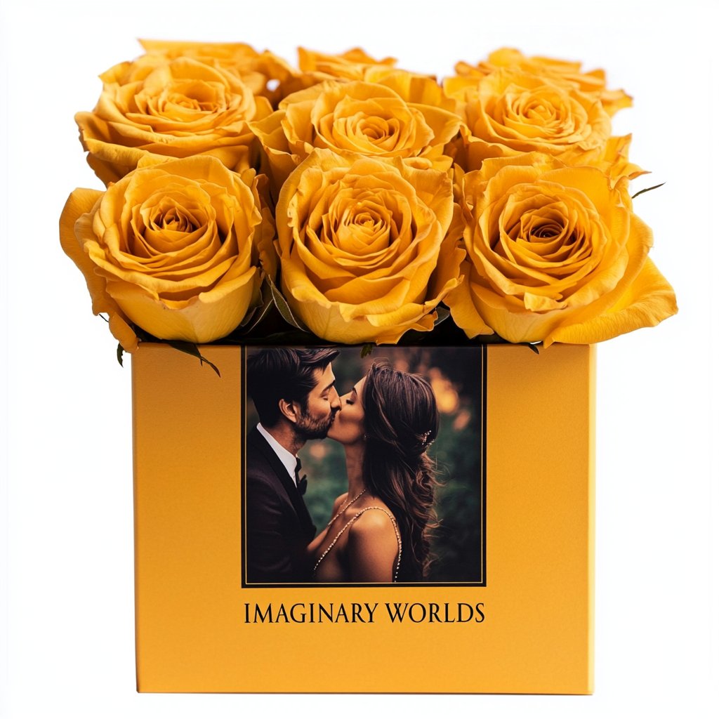 Customized Yellow Infinity Roses Box with Photo - Orange Box - Imaginary Worlds