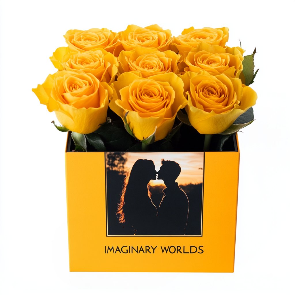 Customized Yellow Infinity Roses Box with Photo - Orange Box - Imaginary Worlds