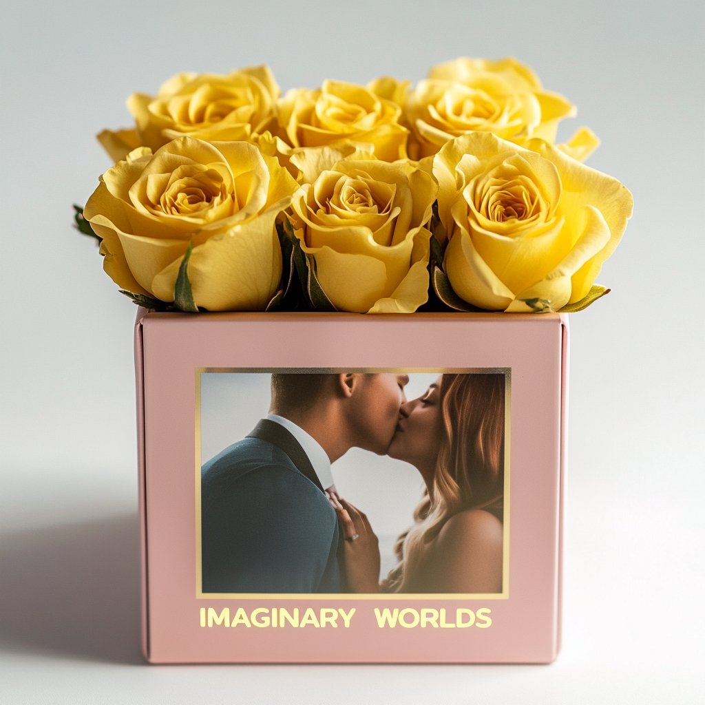 Customized Yellow Infinity Roses Box with Photo - Pink Box - Imaginary Worlds