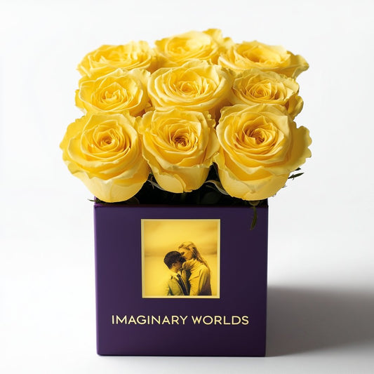 Customized Yellow Infinity Roses Box with Photo - Royal Purple Box - Imaginary Worlds