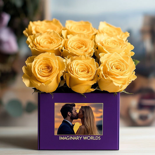 Customized Yellow Infinity Roses Box with Photo - Royal Purple Box - Imaginary Worlds