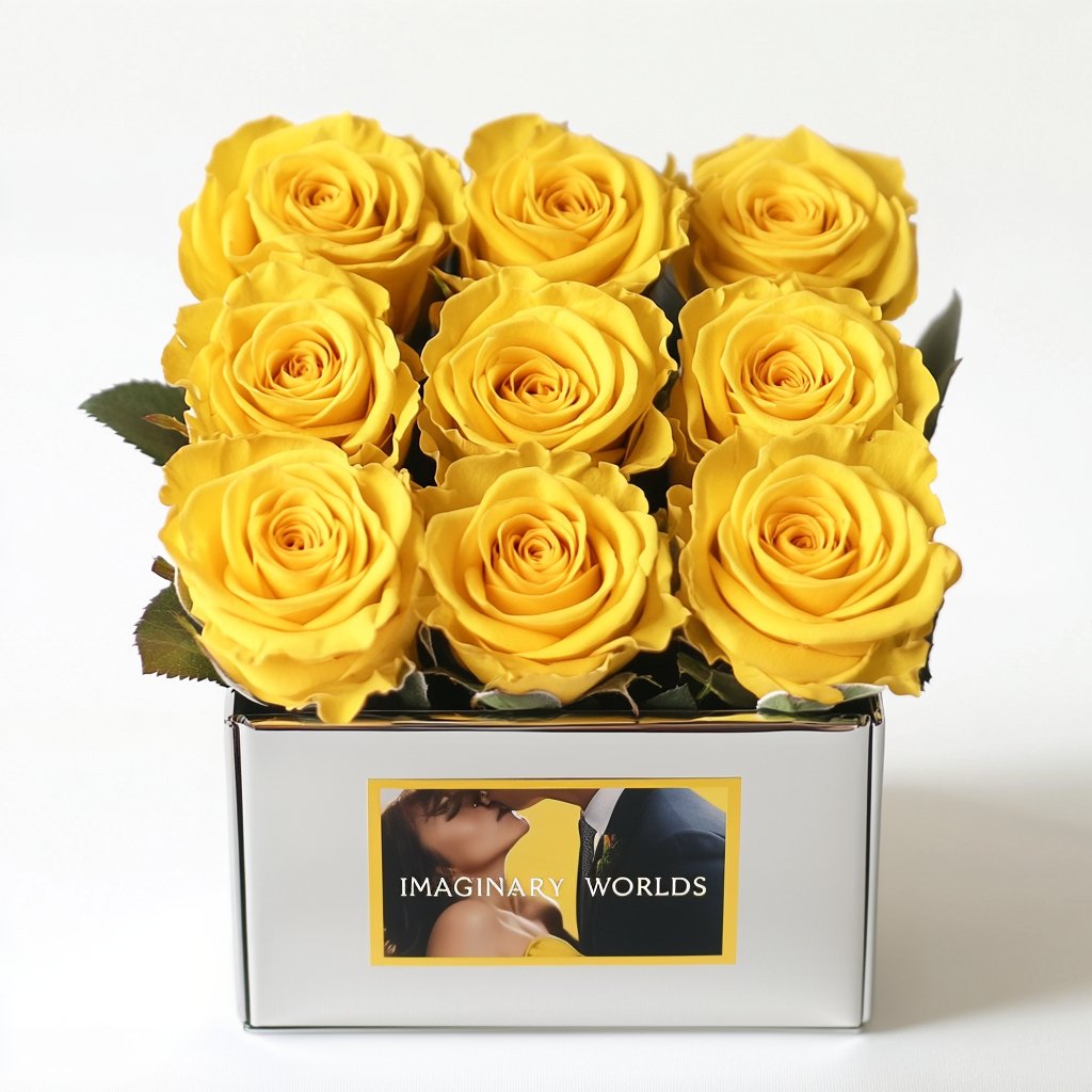 Customized Yellow Infinity Roses Box with Photo - Silver Box - Imaginary Worlds