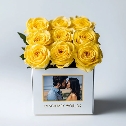 Customized Yellow Infinity Roses Box with Photo - White Box - Imaginary Worlds