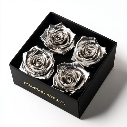 Elegant Silver Forever Roses in Black Velvet Box - Imaginary Worlds