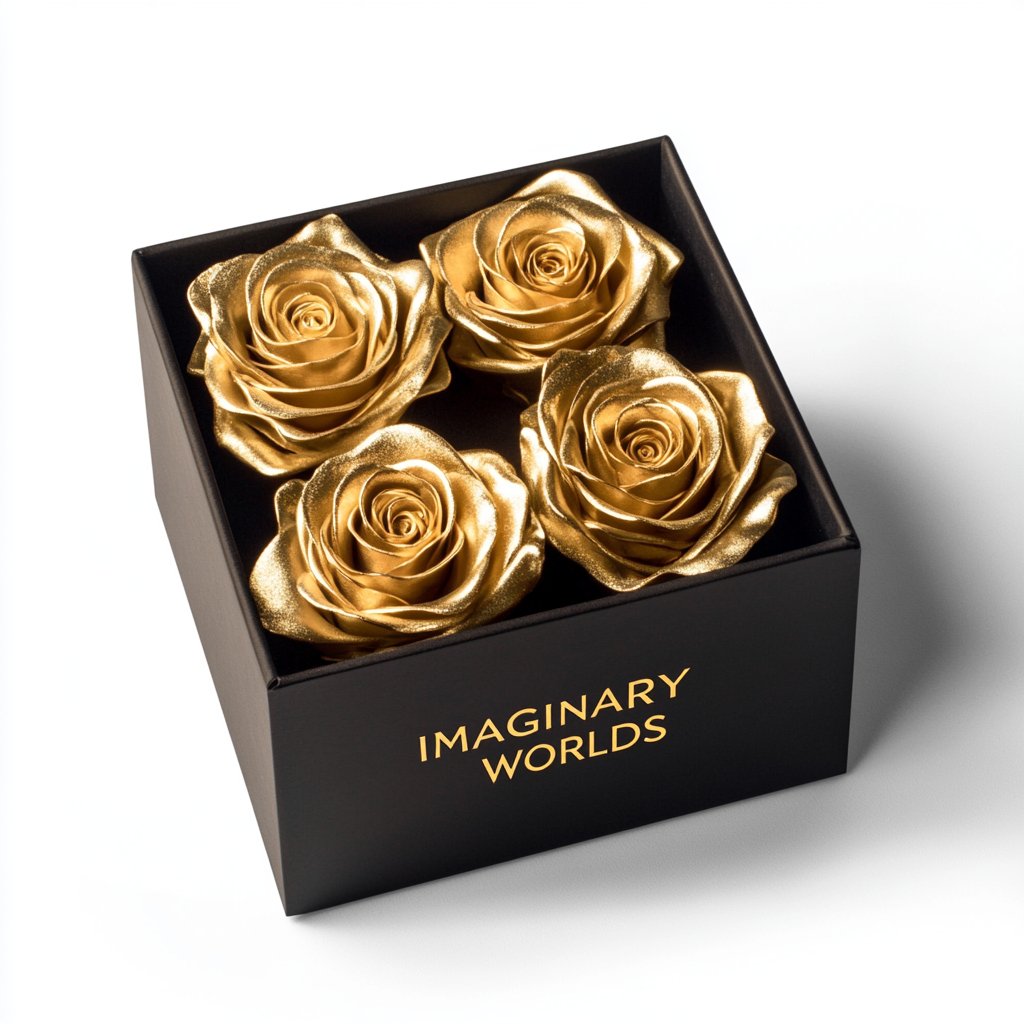 Luxurious Golden Forever Roses in Black Velvet Box - Imaginary Worlds