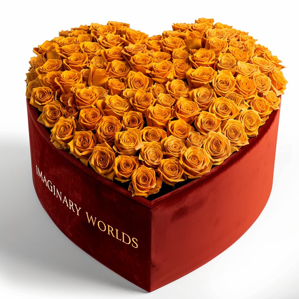 Mustard Yellow Forever Roses in Heart - Shaped Velvet Box - Imaginary Worlds