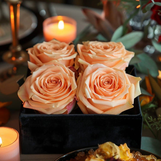 Peach Forever Roses in Black Velvet Box - Imaginary Worlds