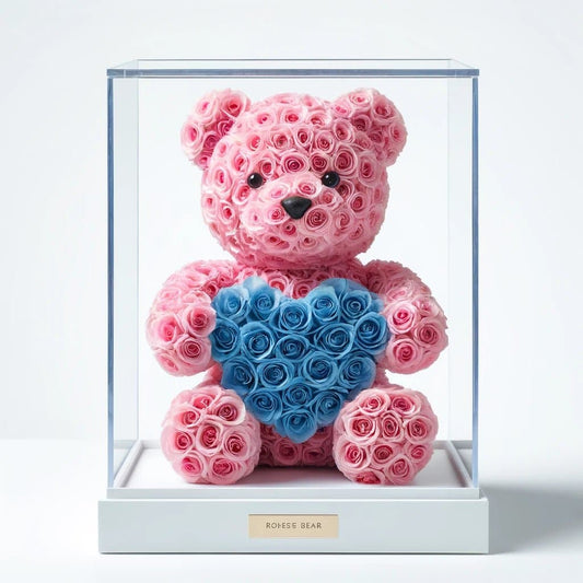 Pink Rose Bear with Blue Roses Heart - Imaginary Worlds